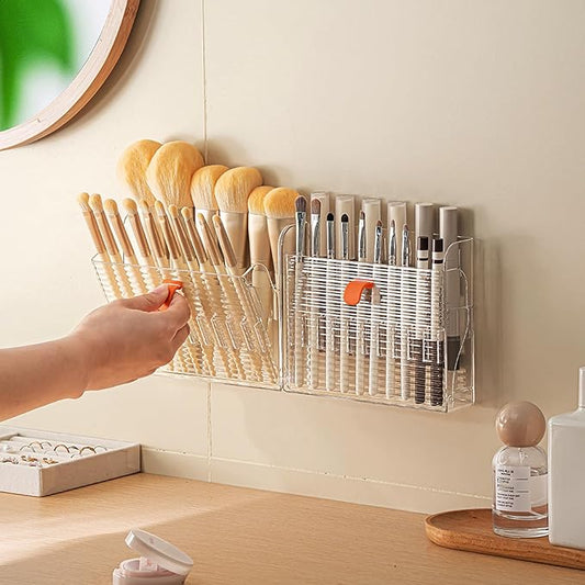MORNITE Wall-Mounted Makeup Eyeliner Lip Liner Organizer Holder, 16-Slot Cabinet Storage for Brush, Makeup Pencils, Concealer Pencil Display Case for Vanity Bathroom, Clear