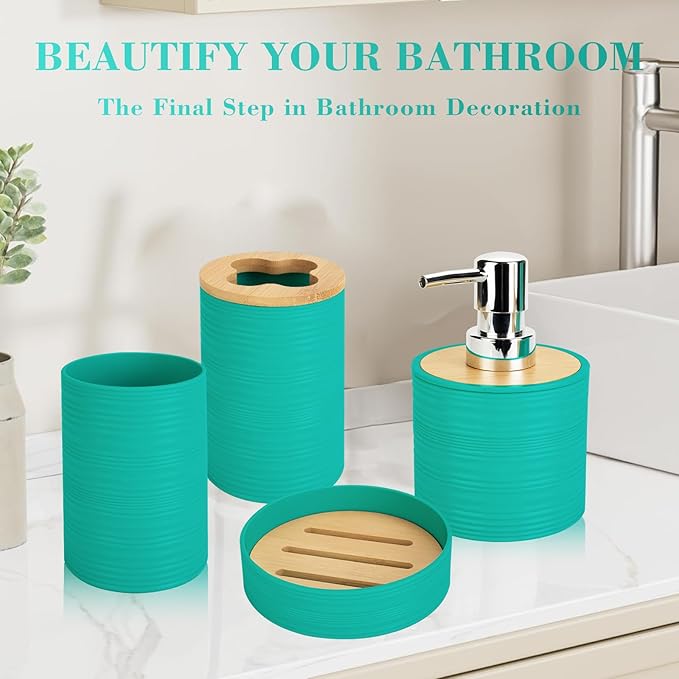 4 PCS Teal Bathroom Accessories Set, Includes a Soap Dispenser, Toothbrush Holder, Soap Dish and Mouthwash Cup, Plastics & Bamboo Bathroom Set, Bohemian Style Bathroom Sink Set