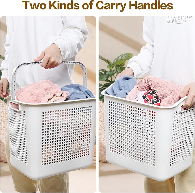 4 Packs 42 L Plastic Laundry Hampers with Handles, Plastic Storage Baskets, White