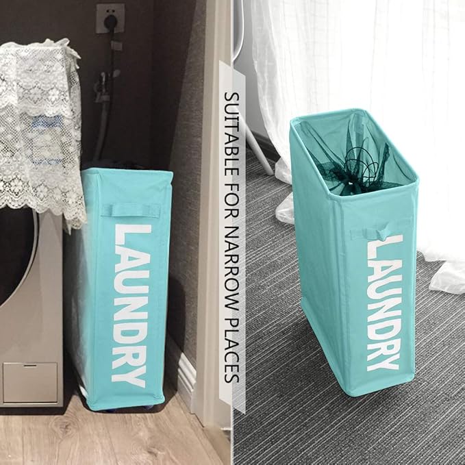 Slim Rolling Laundry Basket with wheel, IHOMAGIC Rectangle Storage Hamper - Thin Laundry Basket Corner Fittable Laundry Bin Flexible handle Laundry Sorter For Dormitory, Hotel, 39x18.5x58cm 41L, Blue