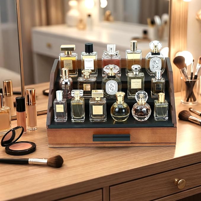 Cologne Organizer for Men - 3-Tier Wooden Perfume Shelf Stand with Drawer, Perfume Display & Storage Tray for Dresser, Black & Brown, 11"x4.7"x7.9"