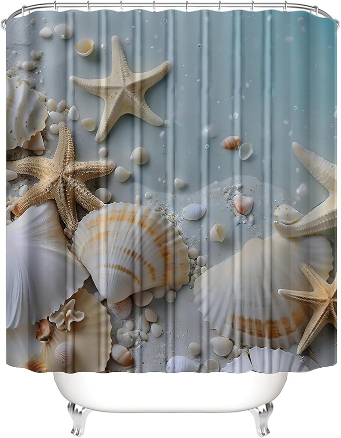Chrainy 4Pcs Beach Grey Blue Shower Curtain Sets Sea Shell Bathroom Set Decor with Non-Slip Rugs Bath U-Shaped Mat Toilet Lid Cover Waterproof Starfish Bathroom Curtain Shower Set with 12 Hooks