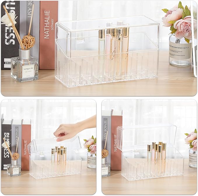 ELLDOO Rollerball Perfume Organizer, 24 Spaces Clear Acrylic Perfume Storage Holder Beauty Scent Holder, Makeup Lipgloss Lipstick Display Case with Lid