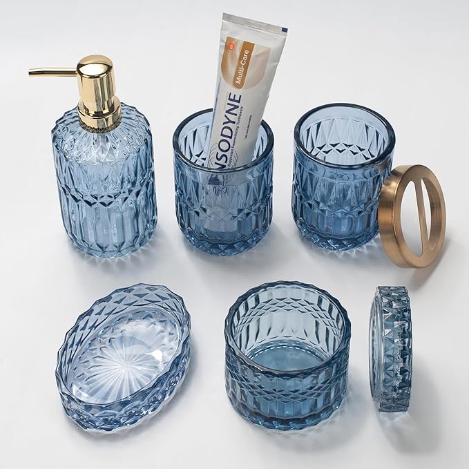 IVAILEX 5PCS Blue Glass Bathroom Accessories Sets of Lotion Dispenser, Soap Dish, Toothbrush Holder, Tumbler, Cotton Swab Jars, Modern Bath Decor, Vintage Gift