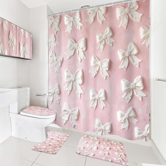 Cinbloo 4Pcs Pink White Bow Shower Curtain Set, Vintage Bowknot Oil Painting Bathroom Curtain with Rug, Toilet Lid Cover, Bath Mat, Girly Fashion Pretty Sweet Modern Shower Curtain with 12 Hooks