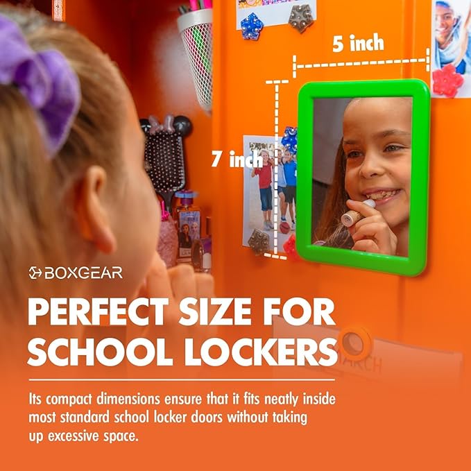 Boxgear Magnetic Locker Mirror, 5" x 7"- for School Locker, Bathroom, Household Refrigerator, Locker Accessory, Makeup Mirrors, Workshop Toolbox or Office Cabinet (Green)