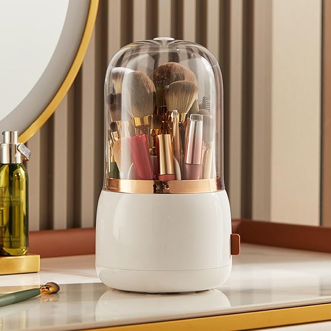 Makeup Brush Holder, Makeup Brush Organizer Makeup Brush Holder Organizer with Lid 360?? Rotating Makeup Storage for Home (White)