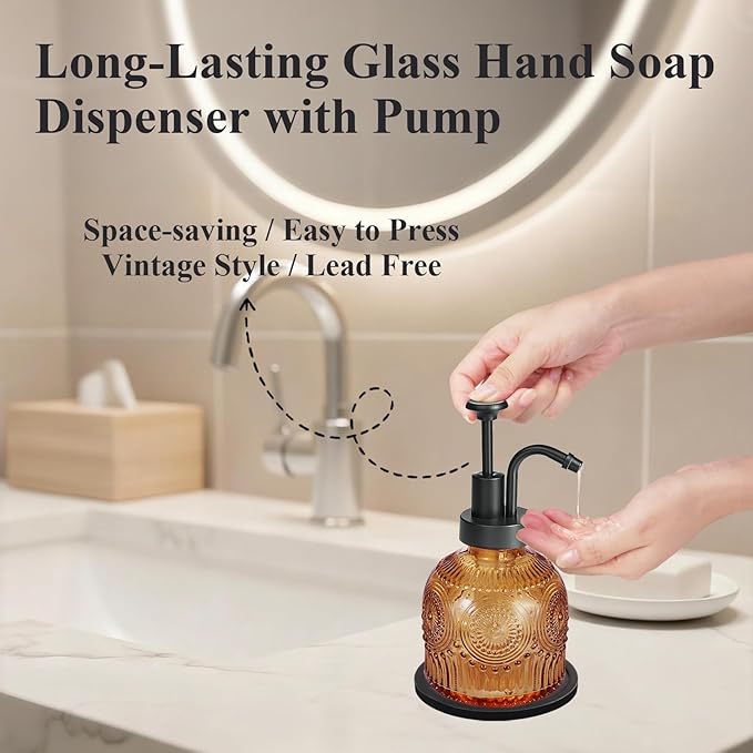 Amolliar 8 Oz Vintage Glass Bathroom Soap Dispensers with Pump, 2 Pack Refillable Kitchen Dish Soap Dispenser with Stripe, Antique Rustic Hand Soap Liquid Bottle (Brown-Black Pump)