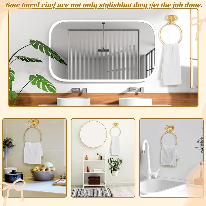MorningRo Coquette Gold Bow Towel Holder Brass Gold Bow Hand Towel Ring Retro Bathroom Hardware Accessories Vintage Girly Wall Mount Hanger Ring for Room Bathroom Kitchen Decor