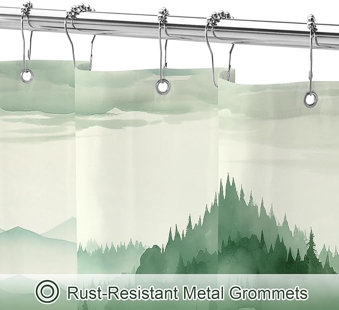 Green Long Misty Pine Forest Shower Curtain 72 x 78, Mountain Foggy Woodland Scenery Tree 78 Inch Long Shower Curtains for Bathroom, Abstract Waterproof Nature-Themed Decor