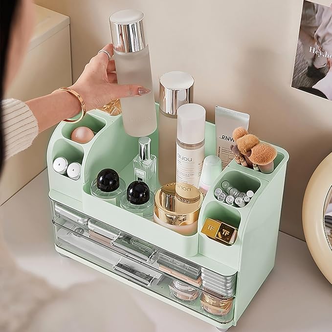 Makeup Organizer with Drawers for Vanity,Bathroom Countertop Organizer with Brushes Holder,Skincare Storage Organizer for Lipsticks,Nail Polishes, Perfumes,Eyeshadow Palettes (Green)