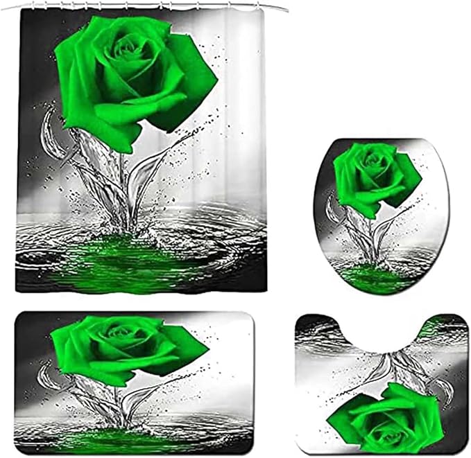 Green Rose Bathroom Set with Shower Curtain, Non-Slip Rugs, Bath Mat, Toilet Lid Cover and 12 Strong Hooks, Modern Style