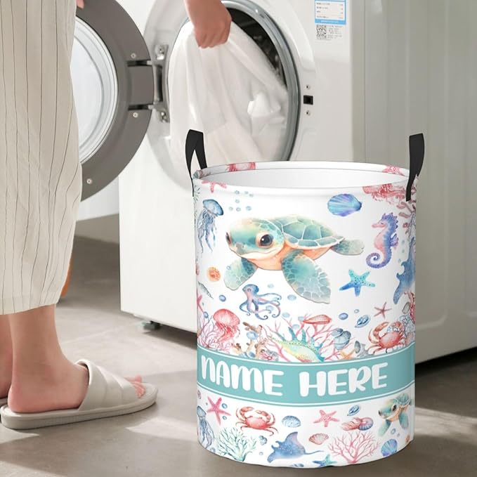 Custom Turtle Laundry Baskets, Personalized Turtle Gifts with Customized Name, Collapsible Laundry Hamper for Kids Adults Home Decoration,16.5 X 13.8in
