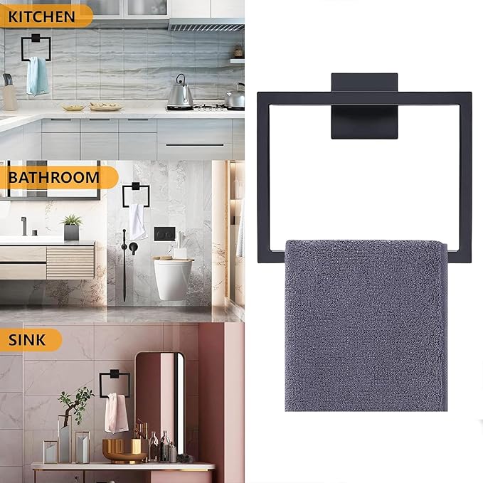 PAHSFS Matte Black Towel Ring - Modern Hand Towel Holder for Bathroom - SUS304 Stainless Steel Bathroom Towel Ring Wall Mounted - Bathroom Towel Rack - Black Towel Hanger