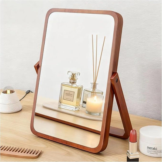 Tumecos Folding Bamboo Vanity Mirror, Tabletop & Wall Mounted 2-in-1 Makeup Mirror, Adjustable HD Rectangle Mirror with Sturdy Stand, Natural Bamboo Frame for Bathroom, Bedroom, Dressing Room,Gift,M