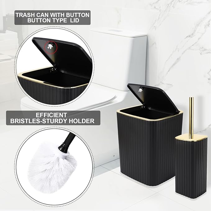 XLHOMO Bathroom Set with Shower Curtain and Rugs- 25PC Bathroom Accessory Set, Black Shower Curtain Set, Toilet Brush, Trash Can, Qtip Holder & Soap Dispenser
