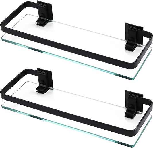 KES Bathroom Glass Shelf, Glass Floating Shelves Aluminum Black Extra Thick Tempered Rectangular 1 Tier Basket Wall Mounted, 2 Pack, A4126A-BK-P2