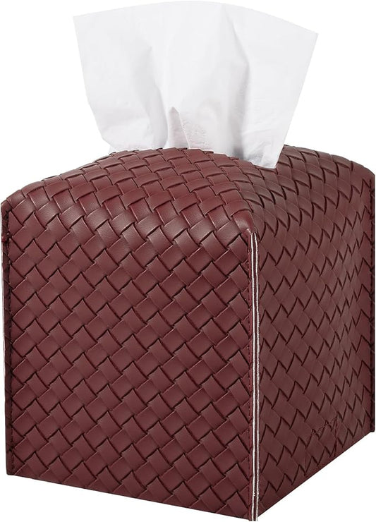 Tissue Box Cover PU Leather Tissue Holder Square Facial Tissue Case Facial Paper Organizer Dispenser for Bathroom, Vanity Countertop, Car, Dark red