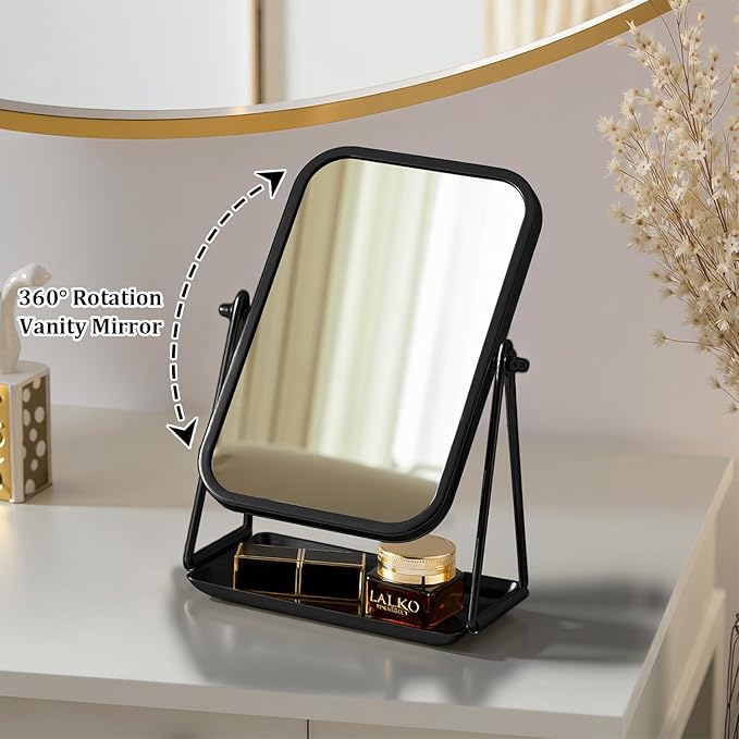 Small Mirror for Desk Table Black Metal Framed Freestanding Vanity Mirrors with Storage 360°Rotation Countertop Mirror Portable Makeup Mirrors for Dressing Bathroom Bedroom Dorm