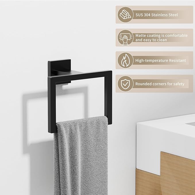 Towel Ring, SUS 304 Stainless Steel Towel Holder, Rectangular Modern Design Hand Towel Holder, Towel Racks for Bathroom, Modern Hand Towel Bar for All Styles Bathrooms (Matte Black)