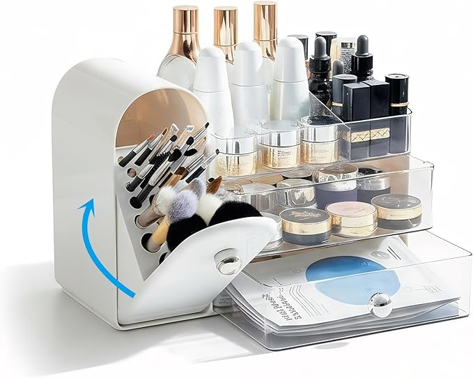 Bird&Fish Makeup Organizer with Sliding Brush Holder, Clear Skincare Organizer with Drawers, Bathroom Countertop Organizer, Sturdy Cosmetic Storage Case for Vanity, Dresser (White)
