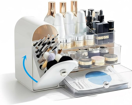 Bird&Fish Makeup Organizer with Sliding Brush Holder, Clear Skincare Organizer with Drawers, Bathroom Countertop Organizer, Sturdy Cosmetic Storage Case for Vanity, Dresser (White)