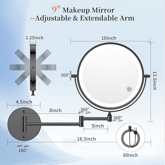 FUNTOUCH 5000mAh Rechargeable Wall Mounted Makeup Mirror with Lights, 8.7" Double Sided 1X/30X Magnifying Mirror with Dimmable 3 Color Light, Extended Swing Arm 360° Wall Mount Bathroom Mirror, Black