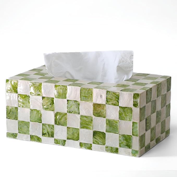 CHI AN HOME Rectangle Checkered Tissue Box Cover Handmade with Capiz Shells, Decorative Tissue Box Holder for Living Room, Bathroom or Kitchen Counter (Pistachio Green)