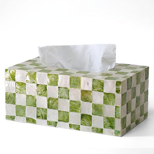 CHI AN HOME Rectangle Checkered Tissue Box Cover Handmade with Capiz Shells, Decorative Tissue Box Holder for Living Room, Bathroom or Kitchen Counter (Pistachio Green)
