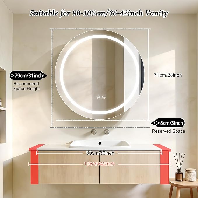 28inch Round Medicine Cabinet with Lights,Led Medicine Cabinet with Defogger,Illuminated Mirror Cabinet for Bathroom,Dimmable,Anti-Fog,3 Colors,Surface Mount Only