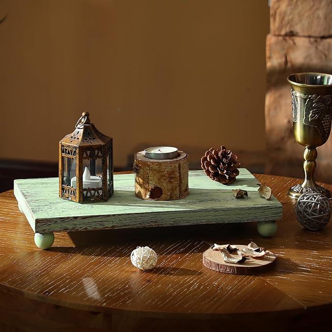 Amyhill Wood Pedestal Stand Kitchen Soap Tray Farmhouse Wooden Riser Stand for Kitchen Bathroom Counter Table Decor Plant Candle Vases Display(Classic,Green,12 x 7 Inch)