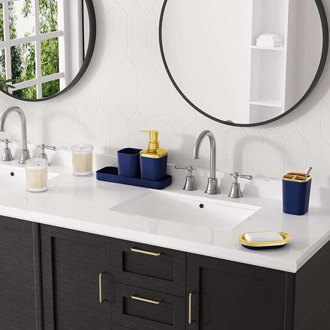 XLHOMO Navy Blue Bathroom Accessories Set, Blue and Gold Bathroom Accessories with Trash Can, Soap Dispenser, Soap Dish, Toothbrush Holder and Q-tip Holders