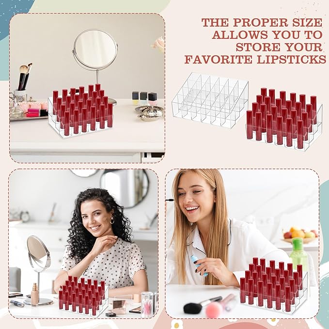 MAQUITA 4 Pieces Lipstick Holder Organizer 24 Slot Acrylic Lipstick Makeup Organizer Case Display Stand Storage Box for Lipsticks Lipgloss Brushes Cosmetics