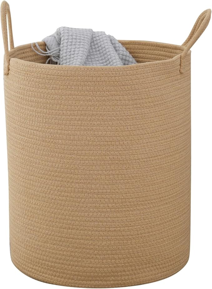 Woven Basket Nursery Laundry Hamper with Handles, Clothes Storage Organizer, Woven Basket for Boy Room Decor, Toy & Blanket Storage Bin, 15x15x18 Inch,Oatmeal,1pc