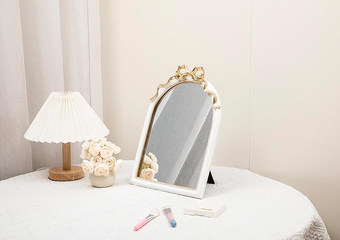 Stylor Vintage Coquette Bow Desk Mirror - Gold Antique Vanity Room Decor, Small Ornate Arched Makeup Mirror, Decorative Victorian Table Top Mirror