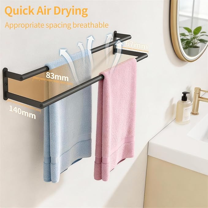 Double Towel Bar, 24Inch Towel Rack for Bathroom Wall Mounted, Stainless Steel Double Bath Towel Bar, Wall Towel Holder for Bathroom, Double Towel Rod Towel Hanger for Wall (Black)