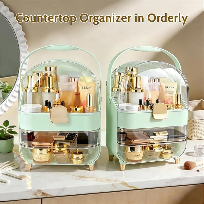 Makeup Organizer with Drawers,Cosmetic Display Case for Vanity,Skincare Organizer with 360 Rotating Brush Holder,Large Storage Box Dresser for Women Gifts, Bathroom Countertop,Green