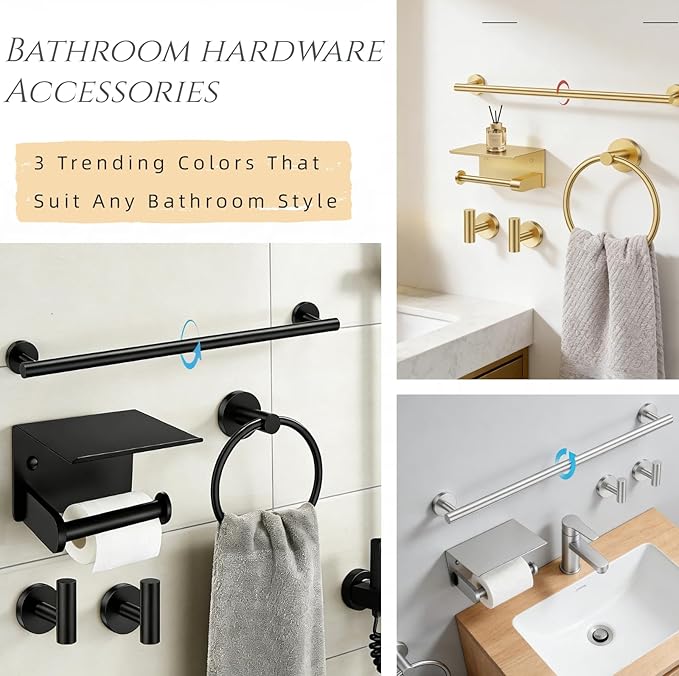 5Pcs Bathroom Hardware Accessories, 24 Inch Brushed Nickel Bath Towel Bar Set, Toilet Paper Holder and Towel Ring, Stainless Steel Wall Mounted Towel Rack Set, Center Section Removable