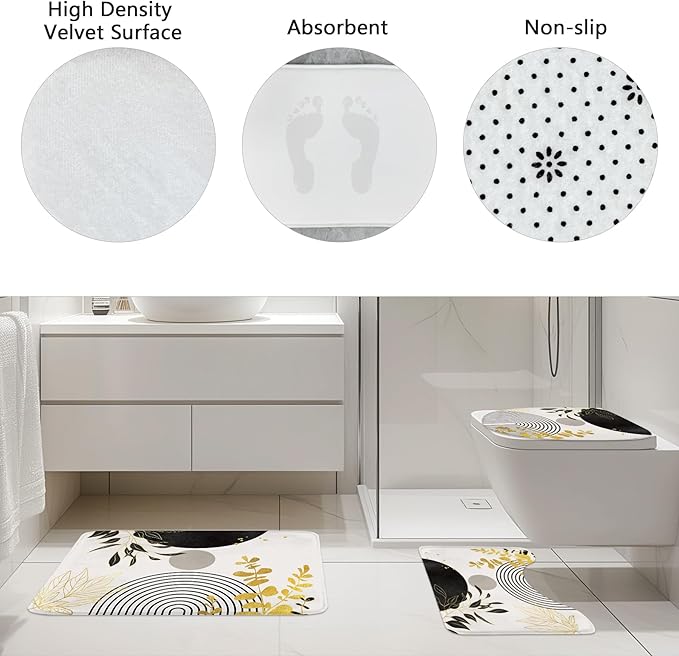 Riyidecor Boho Black Gold 4Pcs Shower Curtain Set with Toilet Lid Cover and Non-Slip Rugs, Mid Century Modern Minimalist Bathroom Decor Set，Abstract Contour and Bath Mat with 12 Hooks