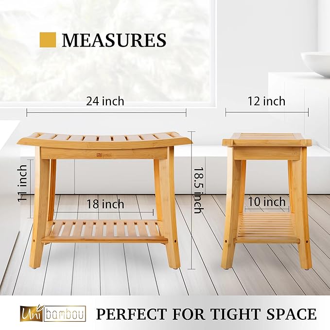 Unibambou Bamboo Shower Bench with Storage Shelf, Spa Bath Chair for Bathroom, Seat or Organizer for Living Room, Bedroom and Garden - Great for All Ages Unisex Elderly (Large, Natural)