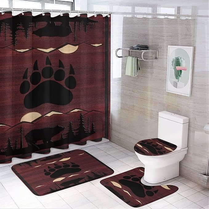 Rustic Retro Cabin 4 Piece Shower Curtain Sets, Non-Slip Rugs, Toilet Lid Cover and Bath Mat, Durable and Waterproof, for Bathroom Decor Set One Size