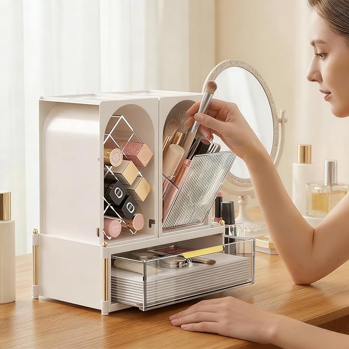 FOLLOWIN Compact Makeup Organizer Set, Lipstick Holder with Grid,Makeup Brush Organizer with Flip Drawer, 2 Ways to Arrange, Milk White Vanity Countertop Storage with Detachable Drawer for Cosmetics