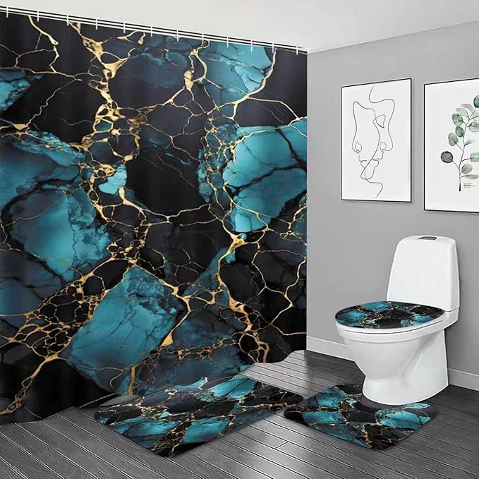 NBVKO 4 Pcs Navy Marble Shower Curtain Sets with Rugs Gold Bathroom Sets with Shower Curtain and Rugs Modern Abstract Bathroom Decor Accessories Shower Curtains for Bathroom Toilet Lid Cover