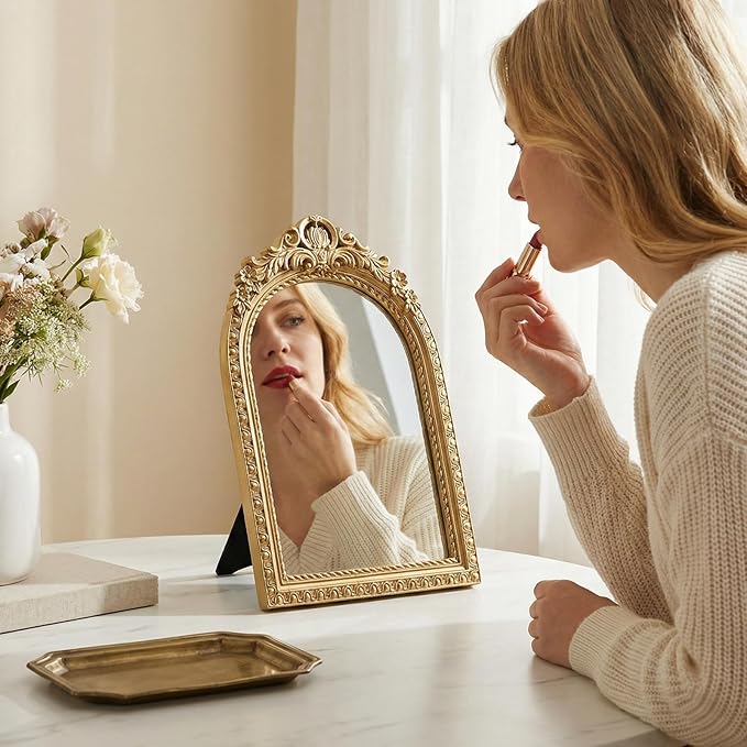 Vintage Gold Mirror for Desk, 10" x 7" Ornate Tabletop Vanity Mirror, Antique Style Decorative Small Mirror for Bedroom Dresser, Baroque Metal Frame Aesthetic Room Decor