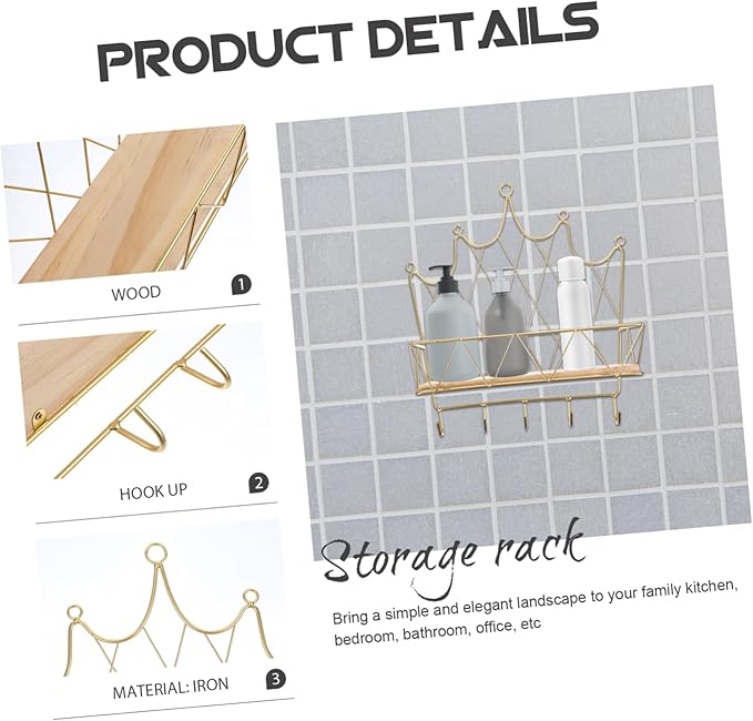 VALICLUD Crown Shaped Wall Storage Rack with Hook Decorative Floating Shelf Golden Color Easy to Install Suitable for Bedroom Bathroom Living Room Home Decor