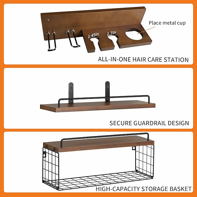 Wall Mounted Bathroom Organizer Shelves Over Toilet, 3-Tier Rustic Wooden Floating Shelf with Metal Basket and Hair Care Styling Tool Holder for Toilet Paper, Towels & Toiletries, Bathroom Decor