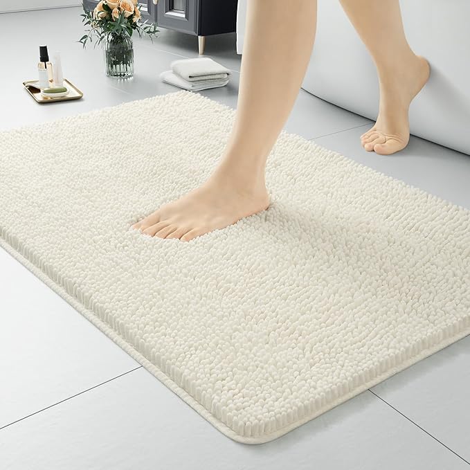 LOCHAS Luxury Bathroom Rug Shaggy Bath Mat 24 x 36 Inch, Washable Non Slip Bath Rugs for Bathroom Shower, Soft Plush Chenille Absorbent Carpets Mats, Cream White