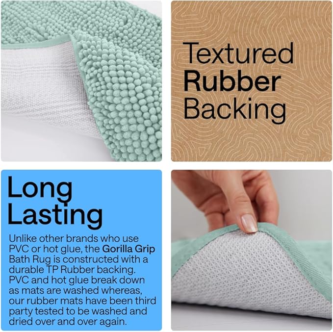 GORILLA GRIP Bath Rug Mat, Thick Soft Absorbent Chenille, Quick Dry Microfiber Mats, Rubber Backing Washable Shower Floor Rugs, US Designed Bathroom Bathmat Home Decor Accessories, 24x17, Seablue