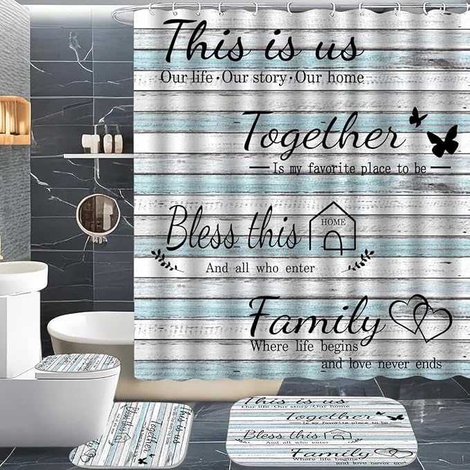 juwute 4Pcs Family Shower Curtain Sets with Non-Slip Rugs, Toilet Lid Cover and Bath Mat, Wood Grain Home Bathroom Decor Set Accessories Waterproof Shower Curtains with 12 Hooks, 72 x 72 Inch