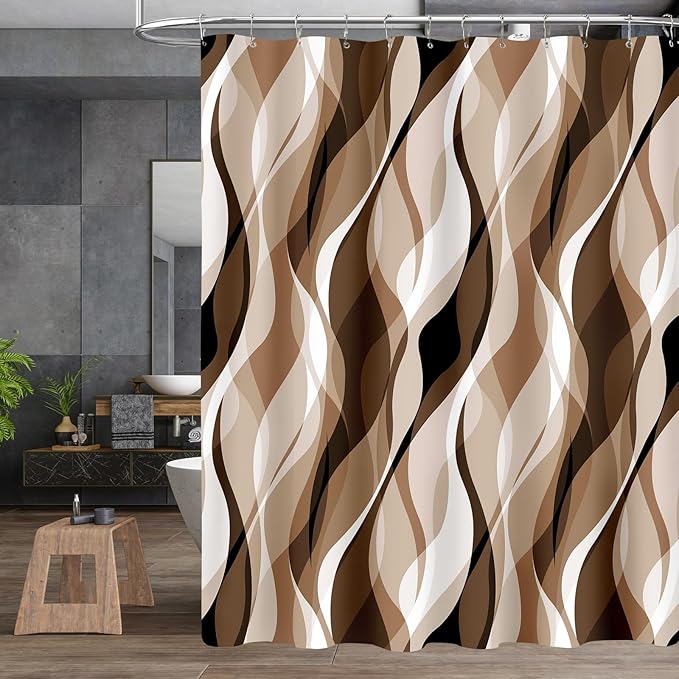 4PCS Brown Bathroom Sets with Shower Curtain and Rugs, Abstract Striped Shower Curtain Sets with Rugs, Modern Luxury Bathroom Curtains Shower Set Accessories